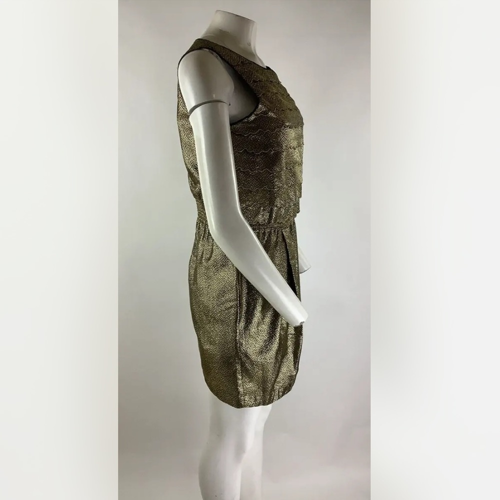 See By Chloe Sz 6 Fit & Flare Metallic Dress Gold Acetate Button Closure - Picture 3 of 8